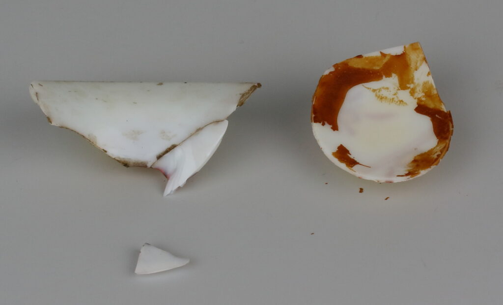 Losse scherven van het vaasje voor de behandeling laten twee verschillende soorten lijm zien van eerdere restauraties.